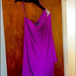 Off one shoulder cocktail dress purple with rhinestones on one shoulder. Size 12